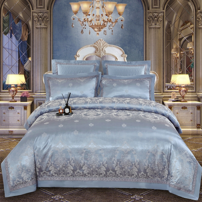 91家纺网 家纺一手货源 找家纺 OL家纺 新款色织欧式丝加棉大提花床裙夹棉四面围布四件套 卡洛琳-兰灰