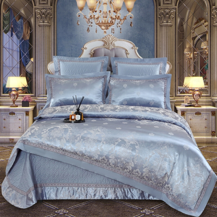 91家纺网 家纺一手货源 找家纺 OL家纺 新款色织欧式丝加棉大提花床裙夹棉四面围布四件套 卡洛琳-兰灰