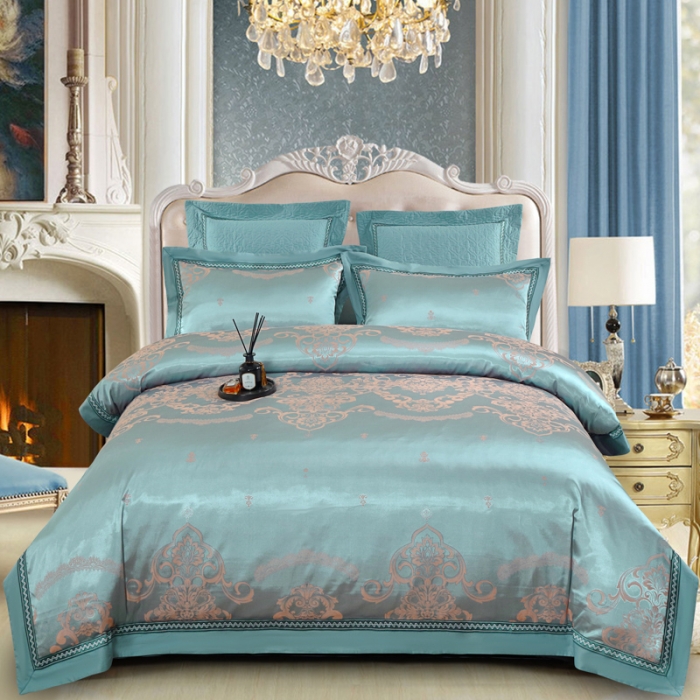 91家纺网 家纺一手货源 找家纺 OL家纺 新款色织欧式丝加棉大提花床裙夹棉四面围布四件套 克里斯娜-繁星兰