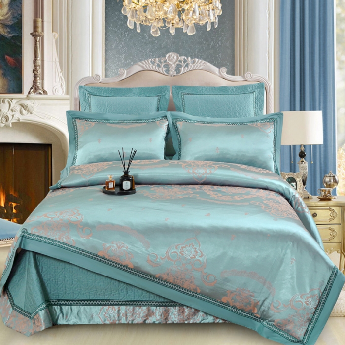 91家纺网 家纺一手货源 找家纺 OL家纺 新款色织欧式丝加棉大提花床裙夹棉四面围布四件套 克里斯娜-繁星兰