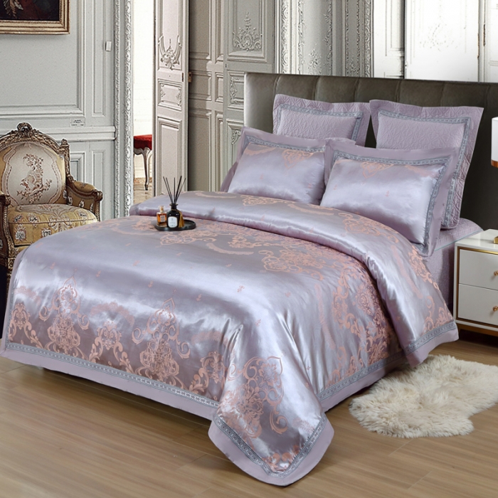 91家纺网 家纺一手货源 找家纺 OL家纺 新款色织欧式丝加棉大提花床裙夹棉四面围布四件套 克里斯娜-金灰