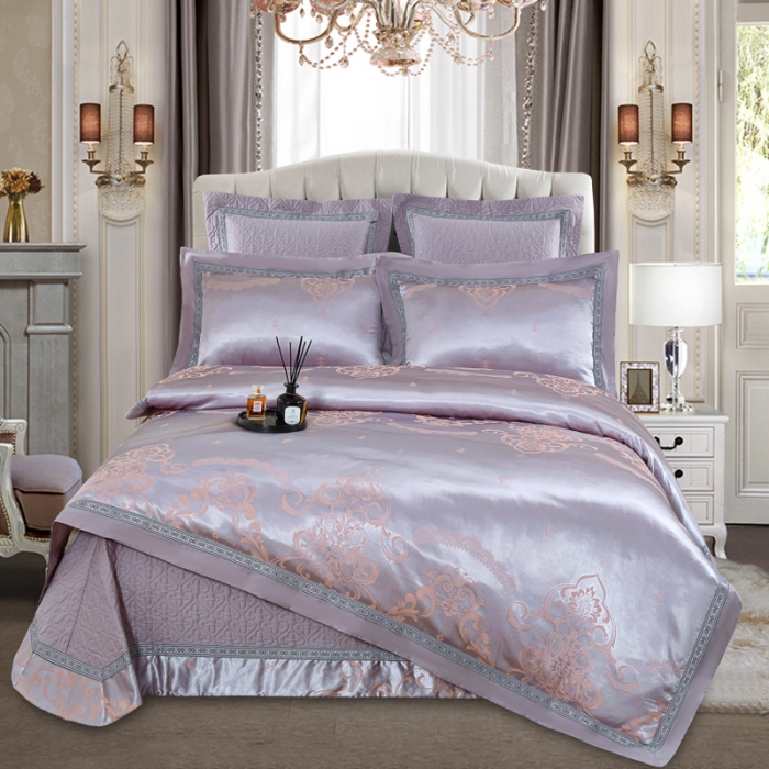 91家纺网 家纺一手货源 找家纺 OL家纺 新款色织欧式丝加棉大提花床裙夹棉四面围布四件套 克里斯娜-金灰