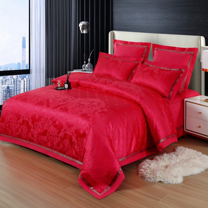 91家纺网 家纺一手货源 找家纺 OL家纺 新款色织欧式丝加棉大提花床裙夹棉四面围布四件套 龙歌凤舞-砖红