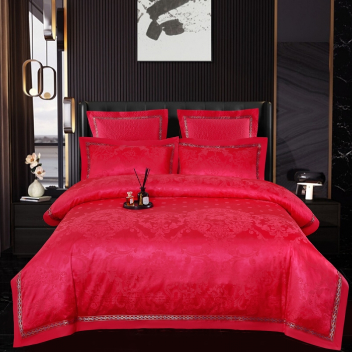 91家纺网 家纺一手货源 找家纺 OL家纺 新款色织欧式丝加棉大提花床裙夹棉四面围布四件套 龙歌凤舞-砖红