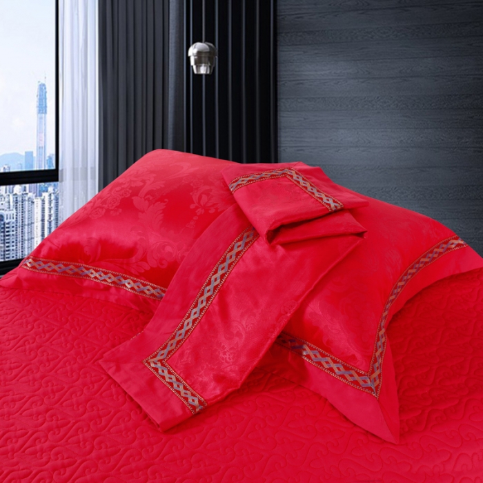 91家纺网 家纺一手货源 找家纺 OL家纺 新款色织欧式丝加棉大提花床裙夹棉四面围布四件套 龙歌凤舞-砖红