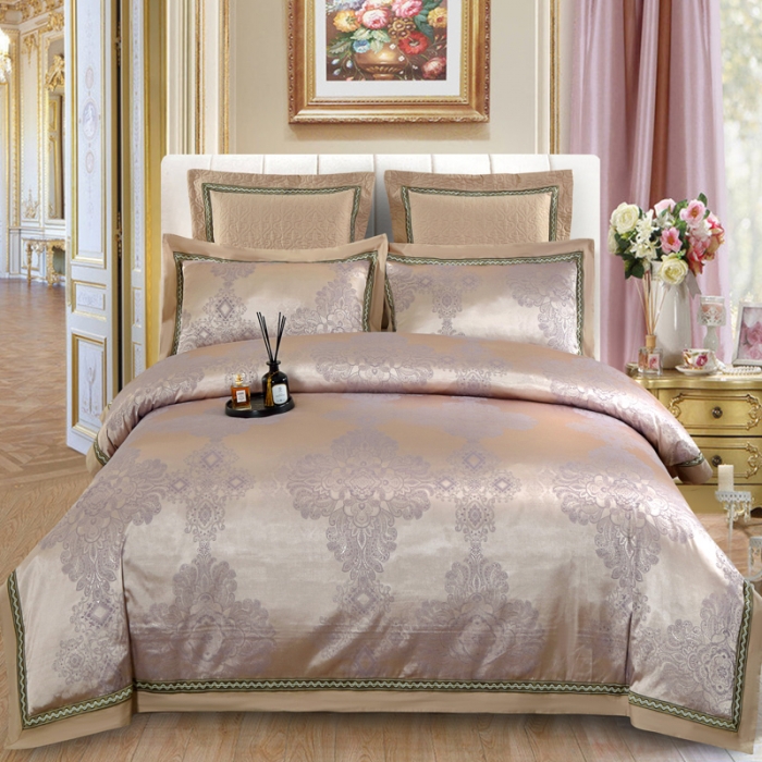 91家纺网 家纺一手货源 找家纺 OL家纺 新款色织欧式丝加棉大提花床裙夹棉四面围布四件套 罗马古韵-灰金