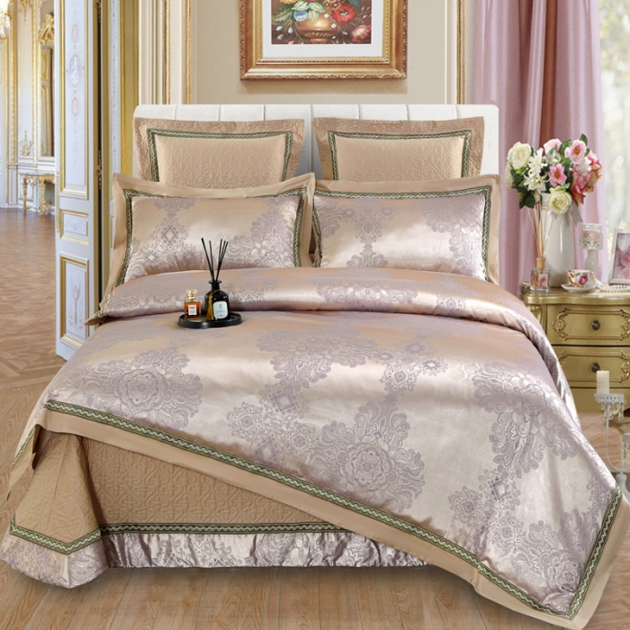 91家纺网 家纺一手货源 找家纺 OL家纺 新款色织欧式丝加棉大提花床裙夹棉四面围布四件套 罗马古韵-灰金