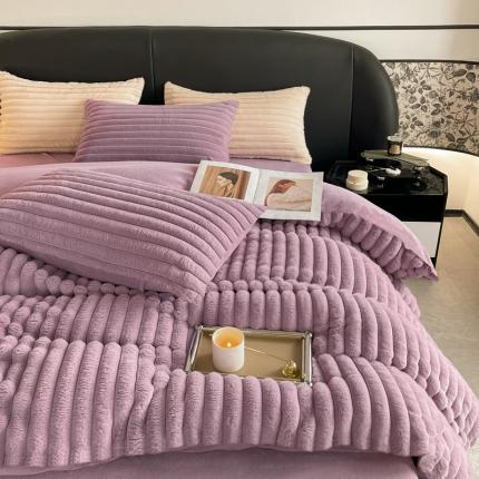 91家纺网 家纺一手货源 找家纺 秀色新品加厚兔毛牛奶绒双面法兰绒撸猫感四件套-克洛伊 粉黛白+浅灰