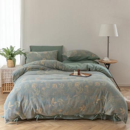 91家纺网 家纺一手货源 找家纺 小欢喜 新款60支双层纱大提花四件套 丛林-浅绿