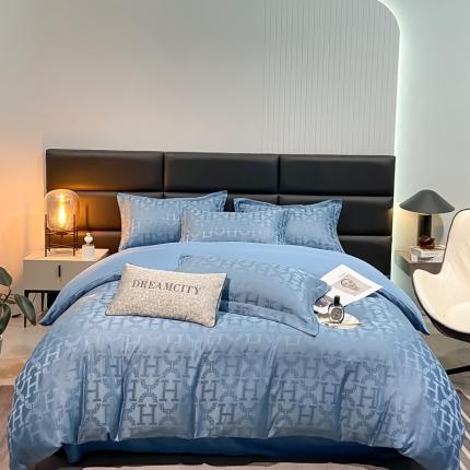 遇见家居生活馆 2023新款水洗贡缎提花四件套 柏林-宾利蓝