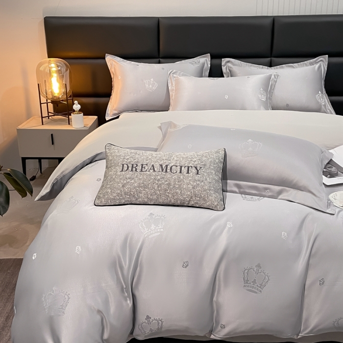 91家纺网 家纺一手货源 找家纺 遇见家居生活馆 2023新款水洗贡缎提花四件套 柏林-浅灰