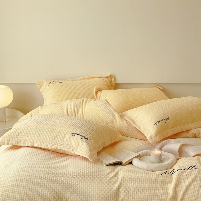 91家纺网 家纺一手货源 找家纺 潘朵拉 2022新款编织刺绣牛奶绒四件套 编织黄