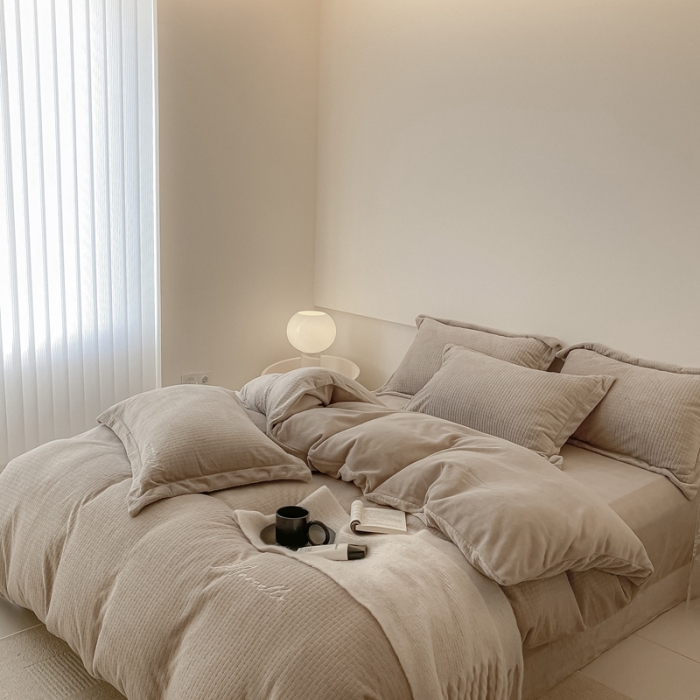 91家纺网 家纺一手货源 找家纺 潘朵拉 2022新款编织刺绣牛奶绒四件套 编织咖