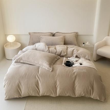 潘朵拉 2022新款编织刺绣牛奶绒四件套 编织咖