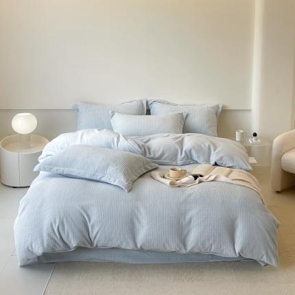 潘朵拉 2022新款编织刺绣牛奶绒四件套 编织蓝