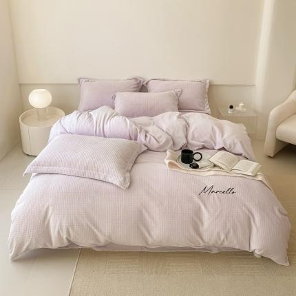 潘朵拉 2022新款编织刺绣牛奶绒四件套 编织紫