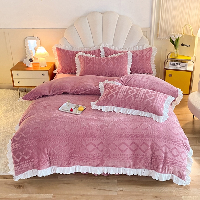 91家纺网 家纺一手货源 找家纺 梦之岛 2022韩版塔芙公主压花牛奶绒四件套 塔芙公主-豆沙