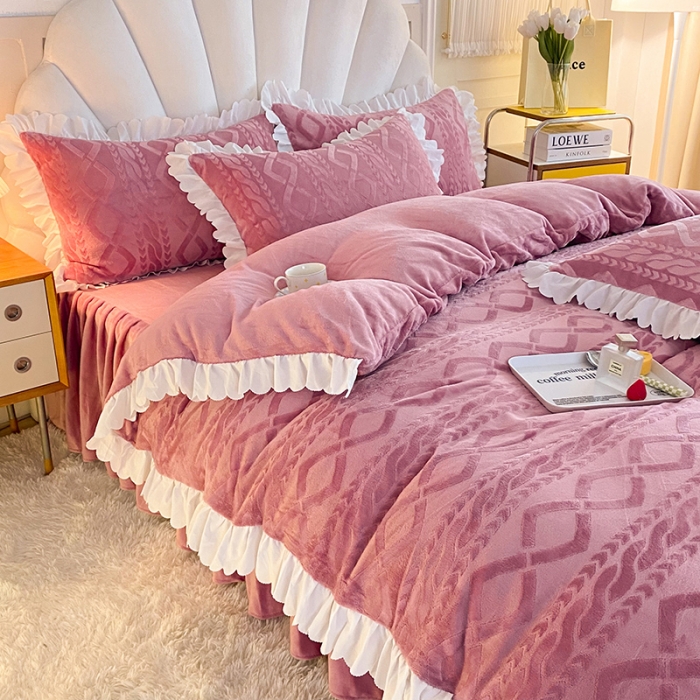 91家纺网 家纺一手货源 找家纺 梦之岛 2022韩版塔芙公主压花牛奶绒四件套 塔芙公主-豆沙