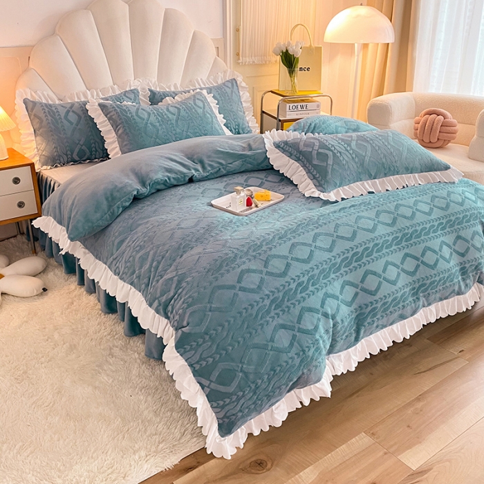 91家纺网 家纺一手货源 找家纺 梦之岛 2022韩版塔芙公主压花牛奶绒四件套 塔芙公主-蓝