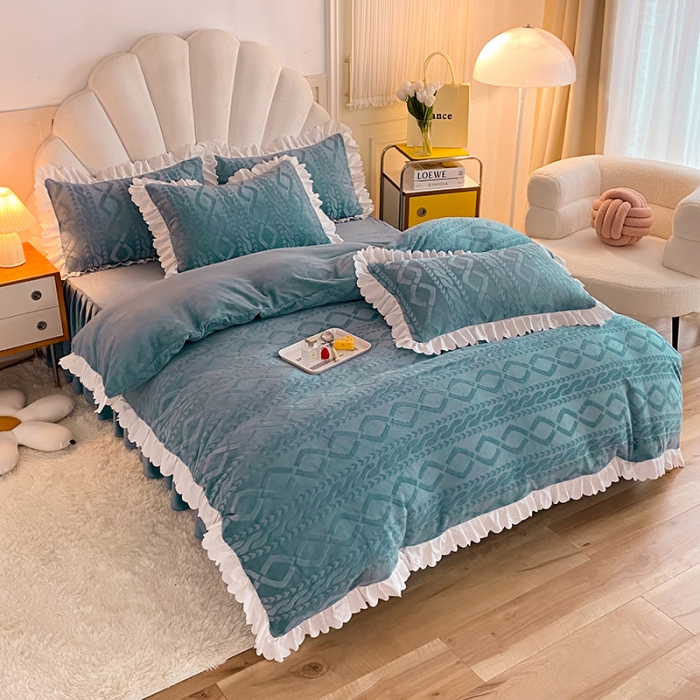 91家纺网 家纺一手货源 找家纺 梦之岛 2022韩版塔芙公主压花牛奶绒四件套 塔芙公主-蓝