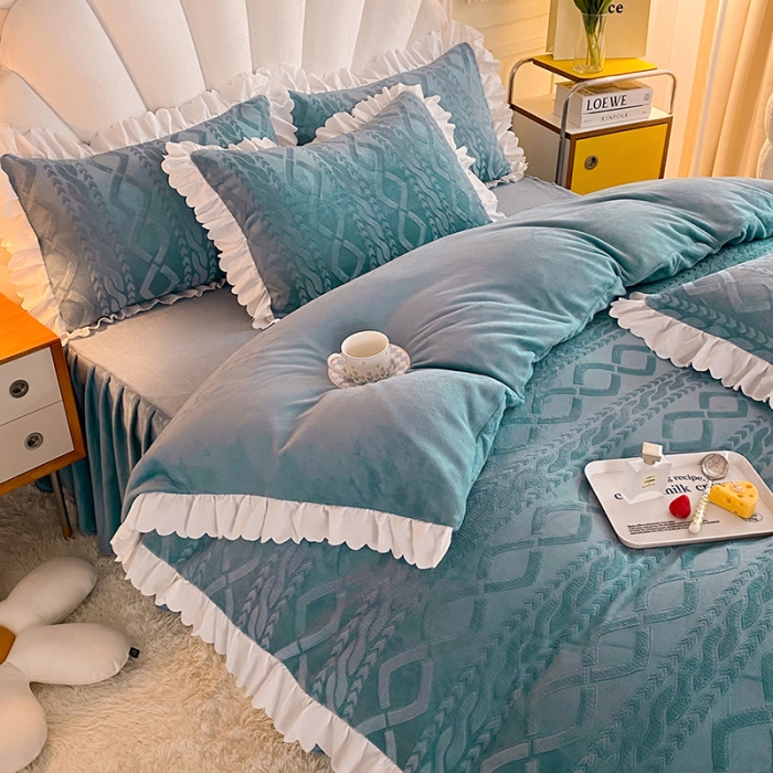 91家纺网 家纺一手货源 找家纺 梦之岛 2022韩版塔芙公主压花牛奶绒四件套 塔芙公主-蓝