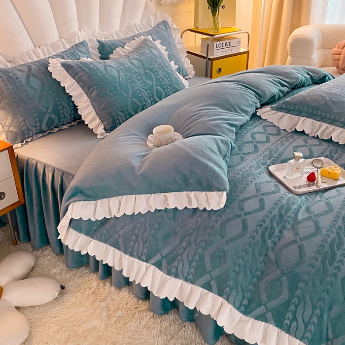 91家纺网 家纺一手货源 找家纺 梦之岛 2022韩版塔芙公主压花牛奶绒四件套 塔芙公主-蓝