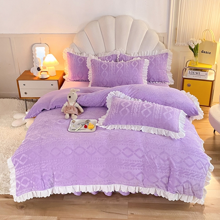 91家纺网 家纺一手货源 找家纺 梦之岛 2022韩版塔芙公主压花牛奶绒四件套 塔芙公主-紫