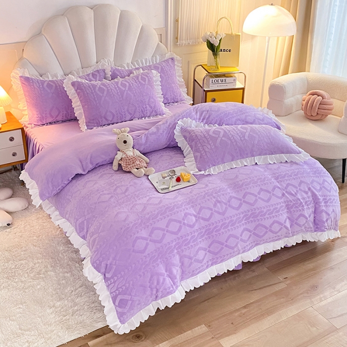 91家纺网 家纺一手货源 找家纺 梦之岛 2022韩版塔芙公主压花牛奶绒四件套 塔芙公主-紫