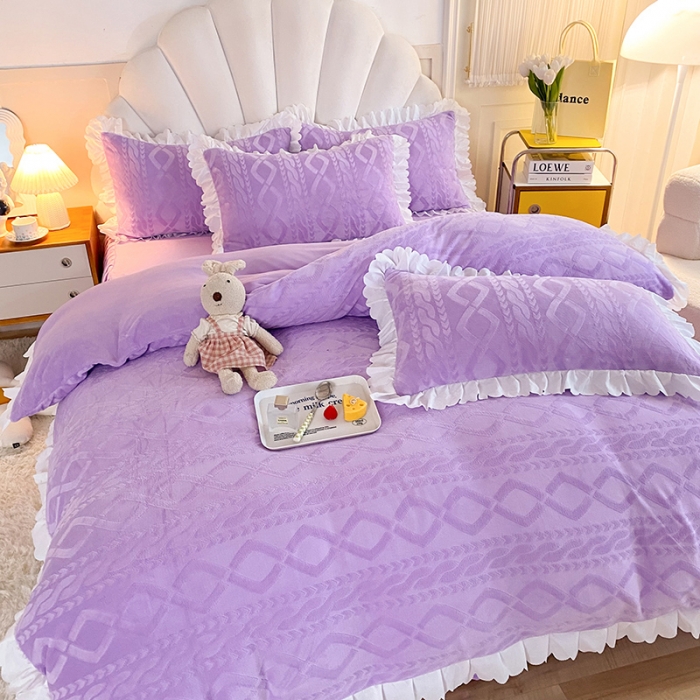 91家纺网 家纺一手货源 找家纺 梦之岛 2022韩版塔芙公主压花牛奶绒四件套 塔芙公主-紫