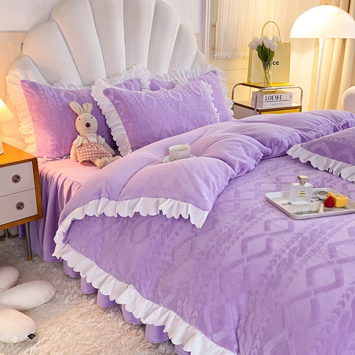 91家纺网 家纺一手货源 找家纺 梦之岛 2022韩版塔芙公主压花牛奶绒四件套 塔芙公主-紫
