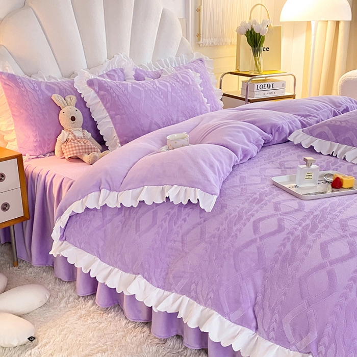 91家纺网 家纺一手货源 找家纺 梦之岛 2022韩版塔芙公主压花牛奶绒四件套 塔芙公主-紫