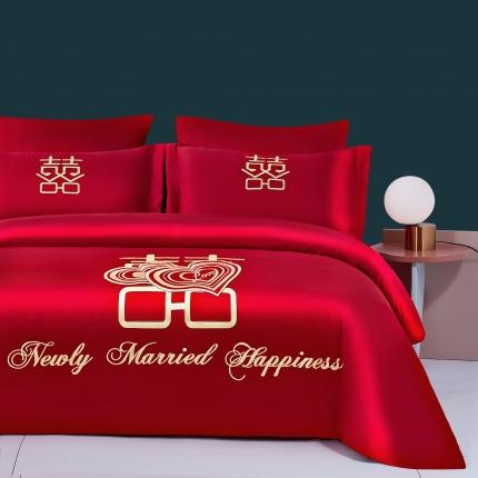 91家纺网 家纺一手货源 找家纺 玉雅家纺 2025新款婚庆亲肤棉刺绣四件套 心心相印