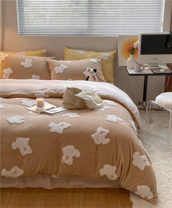 91家纺网 家纺一手货源 找家纺 棉眠 2022新款牛奶绒四件套冬日熊熊系列 冬日熊-咖