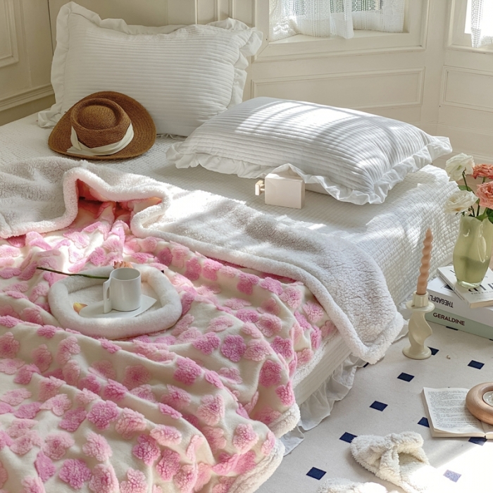 91家纺网 家纺一手货源 找家纺 总圆岛家纺 2022定制款高克重羊毛吹风提花暖绒文艺毯风格一