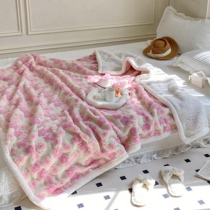 圆岛家纺 2022定制款高克重羊毛吹风提花暖绒文艺毯 风格一 粉樱