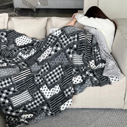 91家纺网 家纺一手货源 找家纺 （总）圆岛 2022新款高级感拼接补丁羊毛高克重暖绒毯子