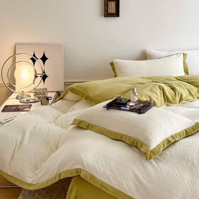 91家纺网 家纺一手货源 找家纺 总 圆岛 2022新款四色入3D雕花牛奶绒保暖四件套 风格一