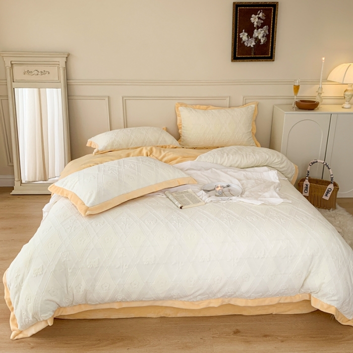 91家纺网 家纺一手货源 找家纺 圆岛 2022新款四色入3D雕花牛奶绒保暖四件套 风格二 奶橙