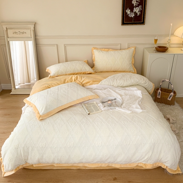 91家纺网 家纺一手货源 找家纺 圆岛 2022新款四色入3D雕花牛奶绒保暖四件套 风格二 奶橙