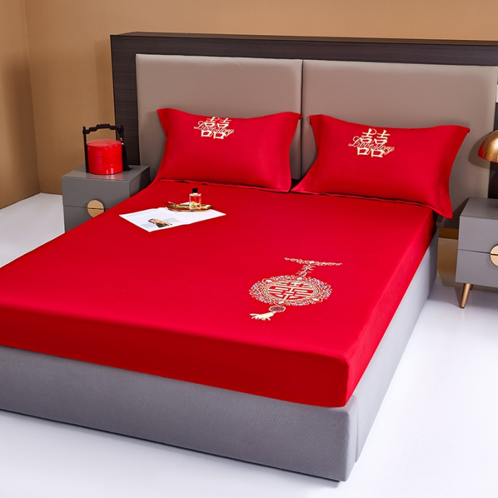 91家纺网 家纺一手货源 找家纺 2025新款新疆长绒棉刺绣婚庆床笠三件套 家有喜事