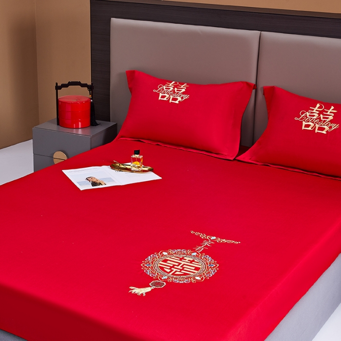 91家纺网 家纺一手货源 找家纺 2025新款新疆长绒棉刺绣婚庆床笠三件套 家有喜事