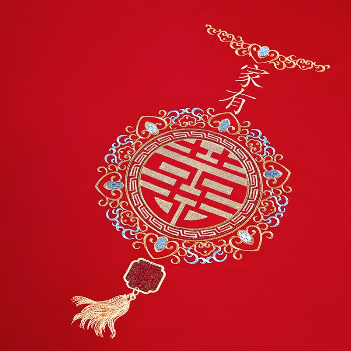 91家纺网 家纺一手货源 找家纺 2025新款新疆长绒棉刺绣婚庆床笠三件套 家有喜事