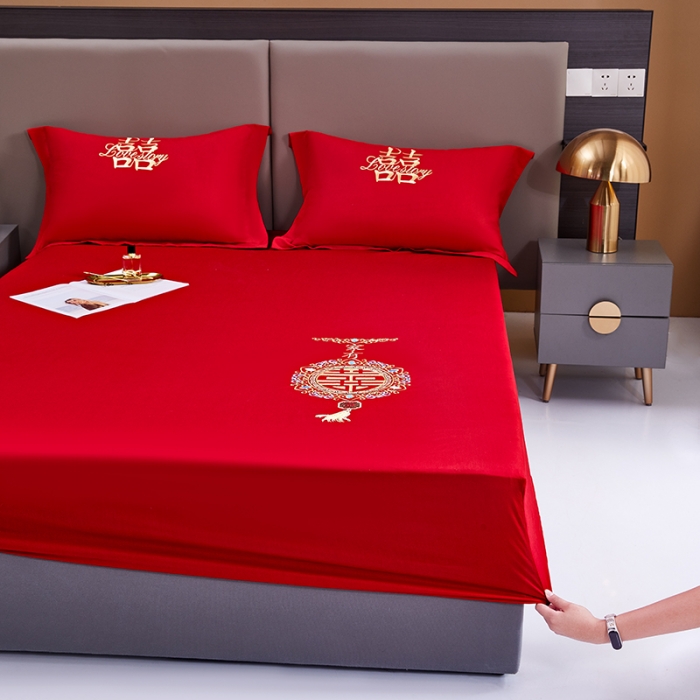 91家纺网 家纺一手货源 找家纺 2025新款新疆长绒棉刺绣婚庆床笠三件套 家有喜事