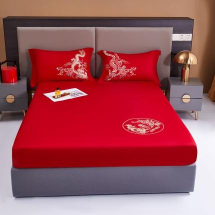 91家纺网 家纺一手货源 找家纺 2025新款新疆长绒棉刺绣婚庆床笠三件套 龙凤呈祥