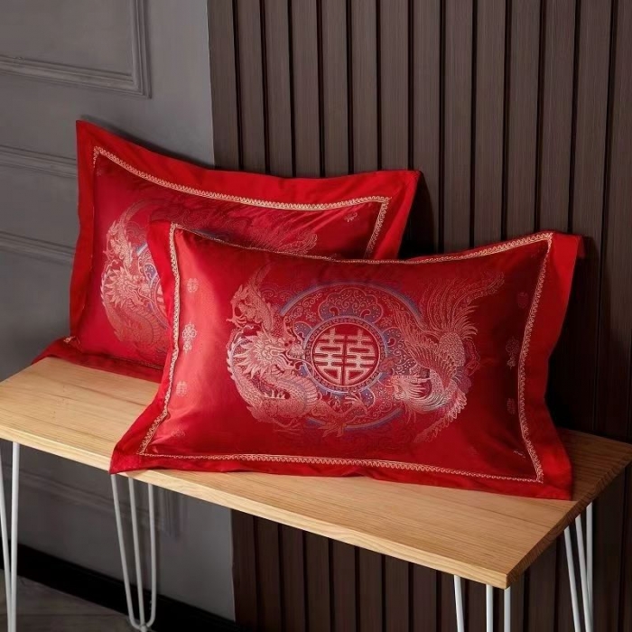 91家纺网 家纺一手货源 找家纺 丰淘2022新款全棉绣花婚庆枕套 游龙戏凤