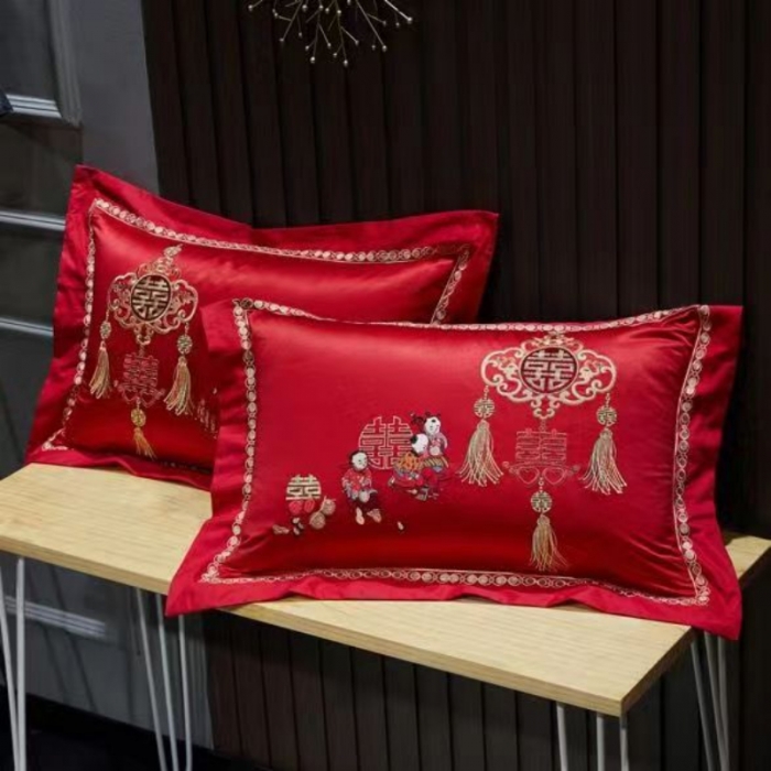 91家纺网 家纺一手货源 找家纺 丰淘2022新款全棉绣花婚庆枕套 子孙满堂
