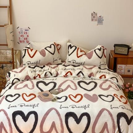 时年 2022新款全消光牛奶绒印花四件套 爱心结