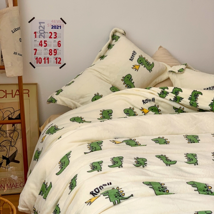 91家纺网 家纺一手货源 找家纺 时年 2022新款全消光牛奶绒印花四件套 小恐龙