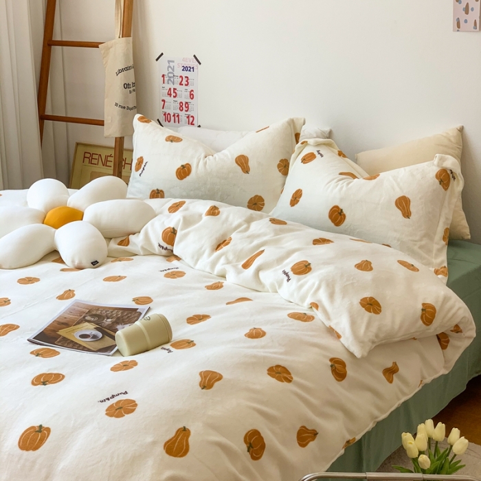 91家纺网 家纺一手货源 找家纺 时年 2022新款全消光牛奶绒印花四件套 小南瓜