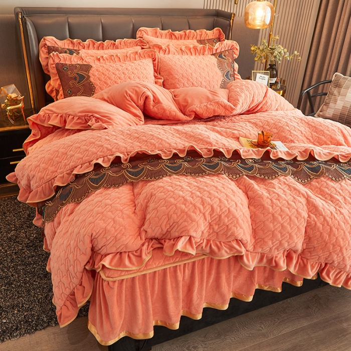 91家纺网 家纺一手货源 找家纺 情恒家纺 2025新款全夹棉床笠四件套 千鸟格缘 橙玉